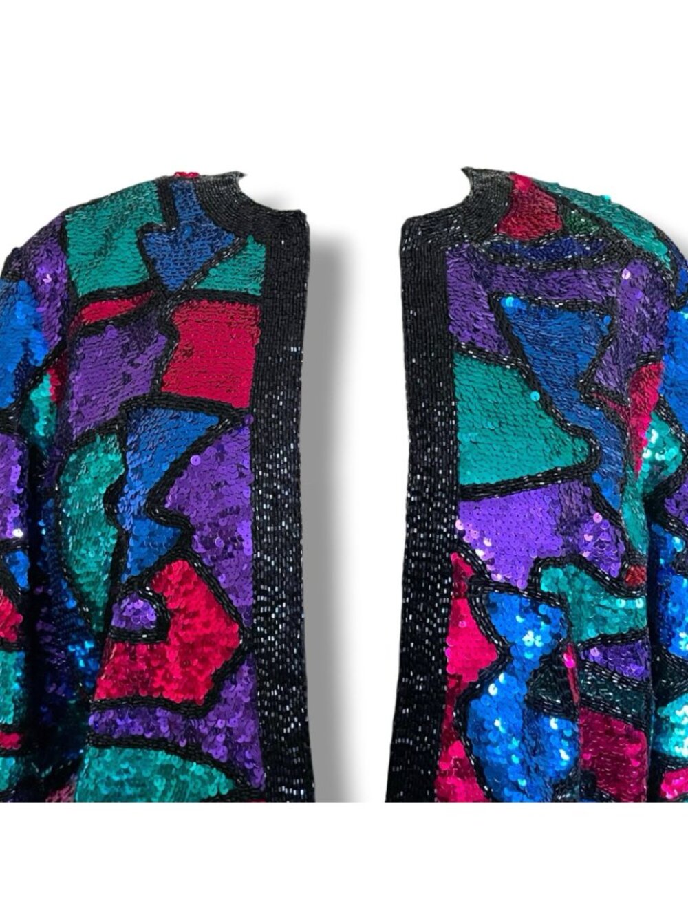 Vintage Oleg Cassini Black Tie Jacket Sz Large Jewel Tone Beaded Sequin Silk - Picture 5 of 10